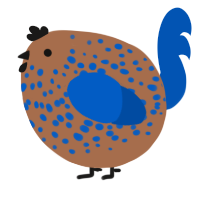 A brown and ultramarine chicken with a speckle pattern