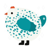 A white and teal chicken with a speckle pattern