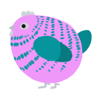 A lavender and teal chicken with a bar pattern