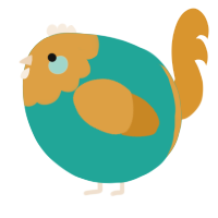 A turquoise and orange chicken with a head pattern