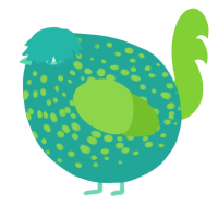 A turquoise and grass chicken with a speckle pattern