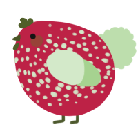 A crimson and gluppy chicken with a speckle pattern