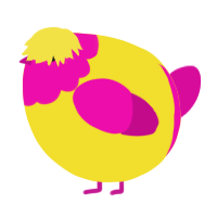 A yellow and fuchsia chicken with a head pattern
