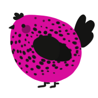 A fuchsia and black chicken with a speckle pattern