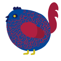 A ultramarine and crimson chicken with a double-lace pattern