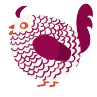 A white and maroon chicken with a lace pattern