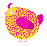 A yellow and fuchsia chicken with a lace pattern
