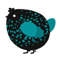 A black and teal chicken with a speckle pattern