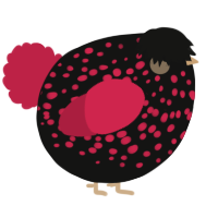A black and crimson chicken with a speckle pattern