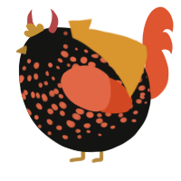 A black and vermilion chicken with a speckle pattern