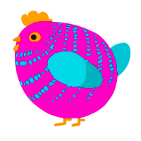 A fuchsia and teal chicken with a bar pattern