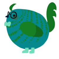 A teal and leaf chicken with a bar pattern