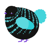 A black and aqua chicken with a bar pattern