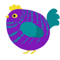 A violet and teal chicken with a bar pattern