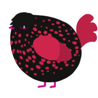 A black and crimson chicken with a speckle pattern