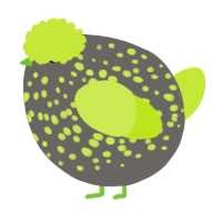 A grey and lime chicken with a speckle pattern