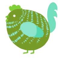 A chartreuse and mint chicken with a bar pattern