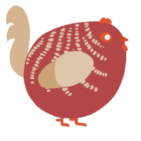 A red and beige chicken with a half-bar pattern