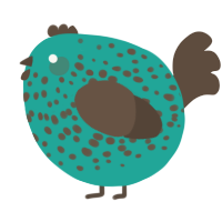 A turquoise and bark chicken with a speckle pattern
