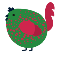 A viridian and crimson chicken with a speckle pattern
