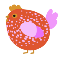 A vermilion and lavender chicken with a speckle pattern