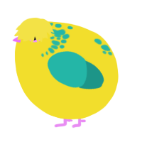 A yellow and turquoise chicken with a neck-speckle pattern
