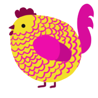 A yellow and fuchsia chicken with a lace pattern
