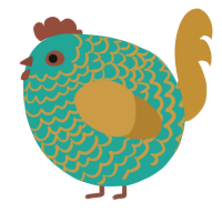 A turquoise and gold chicken with a lace pattern