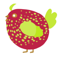 A crimson and lime chicken with a speckle pattern