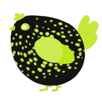 A black and lime chicken with a speckle pattern