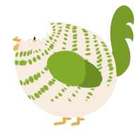 A cream and chartreuse chicken with a bar pattern