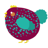 A maroon and turquoise chicken with a speckle pattern
