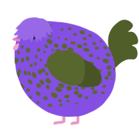 A blurple and olive chicken with a speckle pattern