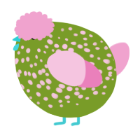 A chartreuse and pink chicken with a speckle pattern