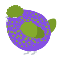 A blurple and chartreuse chicken with a speckle pattern