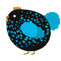 A black and cerulean chicken with a speckle pattern