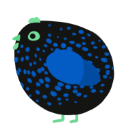 A black and ultramarine chicken with a speckle pattern