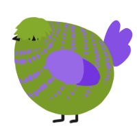 A chartreuse and blurple chicken with a bar pattern