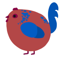 A red and ultramarine chicken with a neck-speckle pattern