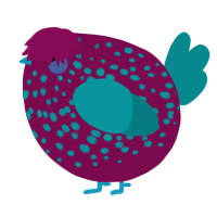A wine and teal chicken with a speckle pattern