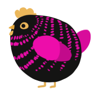 A black and fuchsia chicken with a bar pattern