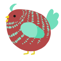 A red and mint chicken with a bar pattern