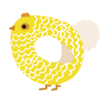 A yellow and cream chicken with a lace pattern
