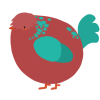A red and turquoise chicken with a neck-speckle pattern