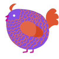 A blurple and vermilion chicken with a lace pattern