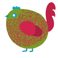 A chartreuse and crimson chicken with a double-lace pattern