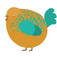 A orange and turquoise chicken with a half-lace pattern