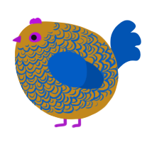 A ochre and ultramarine chicken with a double-lace pattern