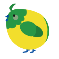A yellow and viridian chicken with a head pattern