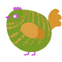 A chartreuse and orange chicken with a bar pattern